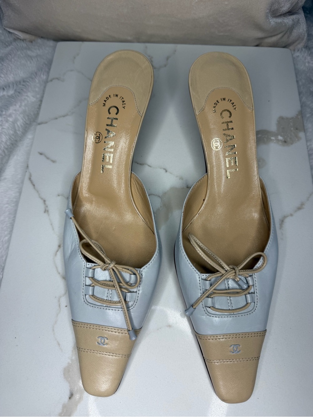CHANEL Two-Tone Leather Mules in Beige and Light Blue